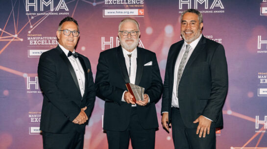 Industry Hall of Fame Inductee Joss De Iuliis w Graeme Vennell, HunterNet Director left & Mylon Manusiu, Exceutive GM at Sponsor CIVMEC Joss De Iuliis